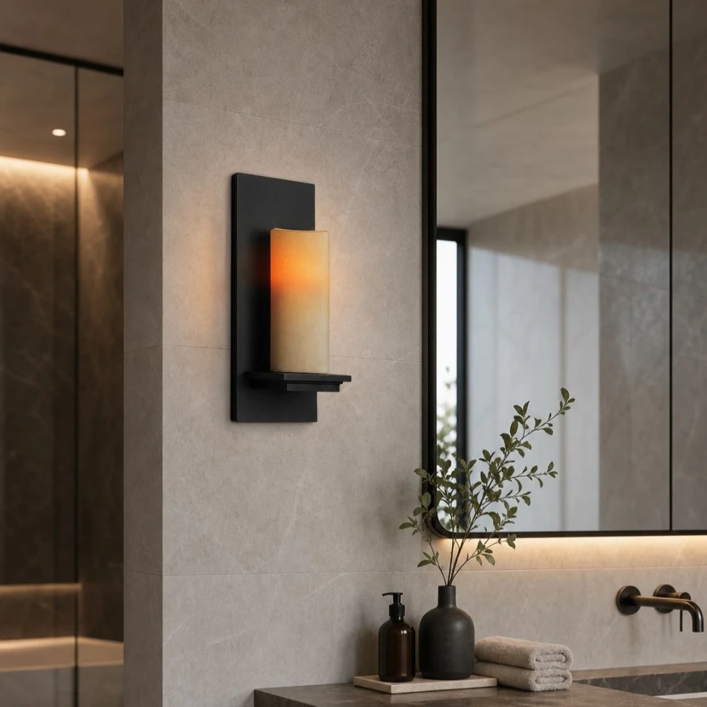 Jade wall lamp beside bathroom vanity mirror