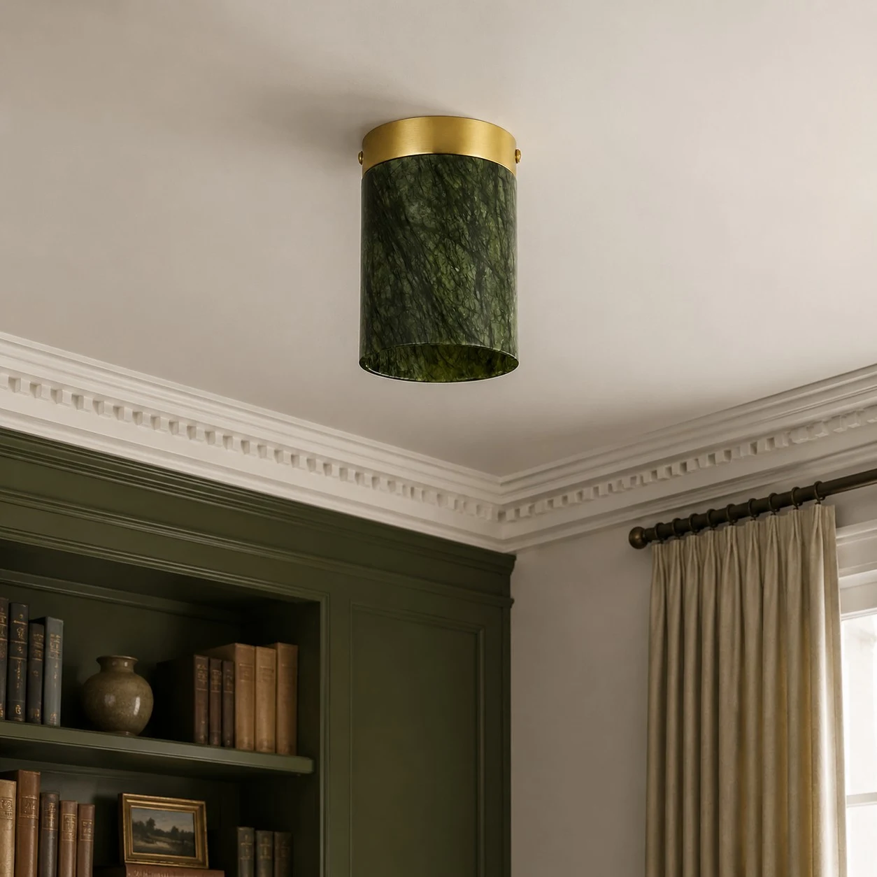 vintage green and gold ceiling light installed in an entryway